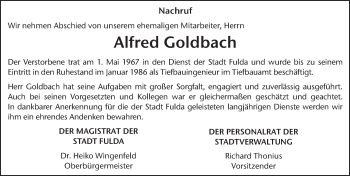 Traueranzeige von Alfred Goldbach 