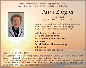 Traueranzeige von Anni Ziegler 