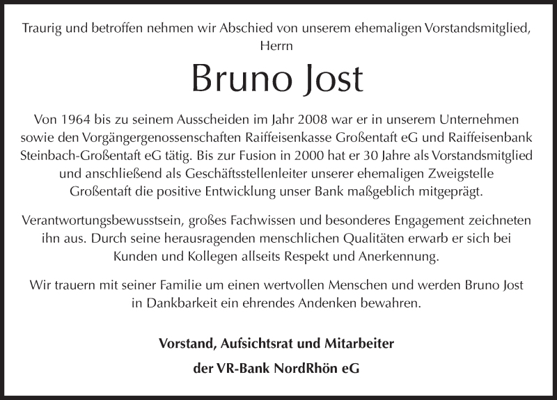  Traueranzeige für Bruno Jost vom 10.11.2017 aus 