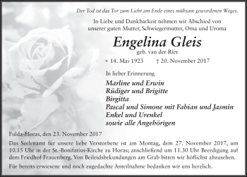 Traueranzeige von Engelina Gleis 