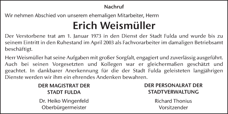  Traueranzeige für Erich Weismüller vom 09.11.2017 aus 