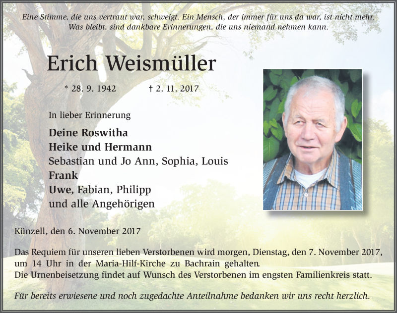  Traueranzeige für Erich Weismüller vom 06.11.2017 aus 