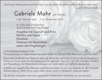 Traueranzeige von Gabriele Mahr 