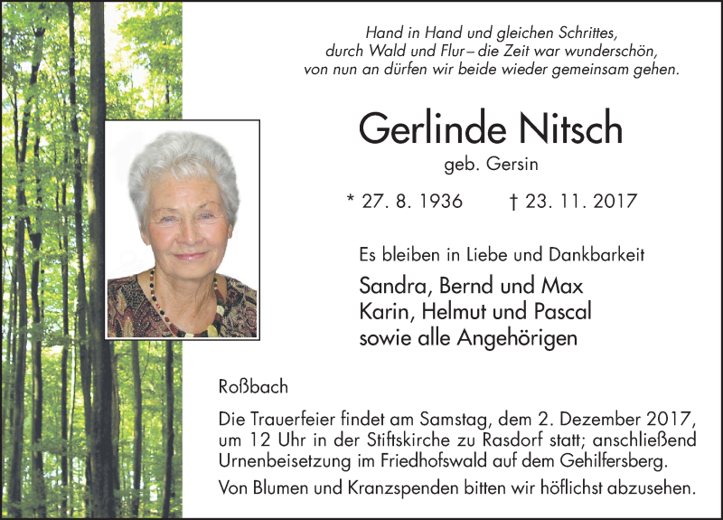  Traueranzeige für Gerlinde Nitsch vom 29.11.2017 aus 