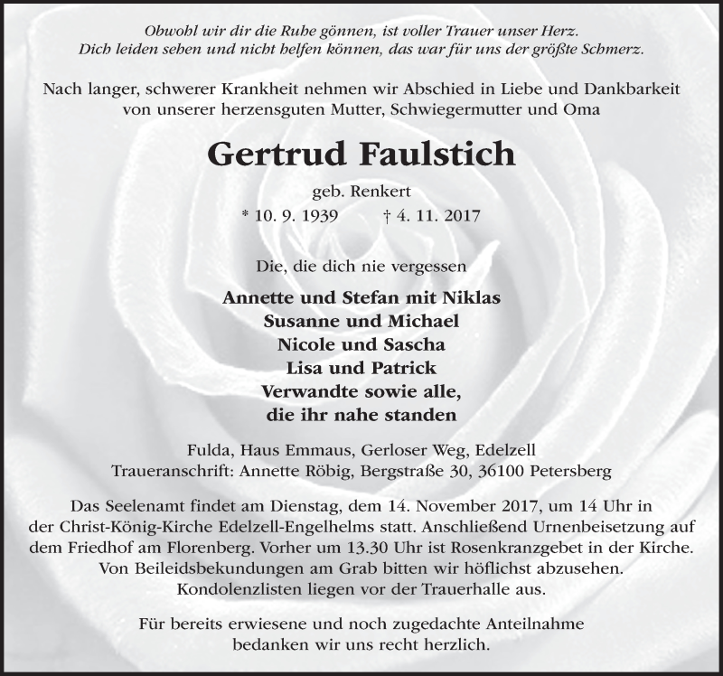  Traueranzeige für Gertrud Faulstich vom 11.11.2017 aus 