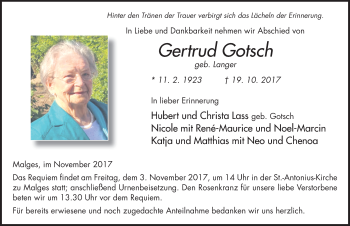 Traueranzeige von Gertrud Gotsch 