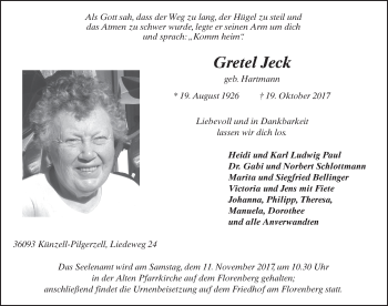 Traueranzeige von Gretel Jeck 