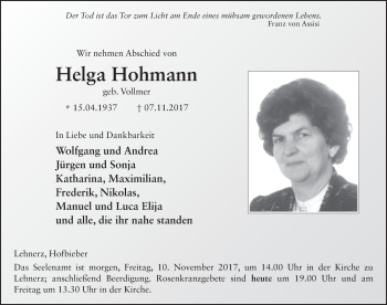 Traueranzeige von Helga Hohmann 