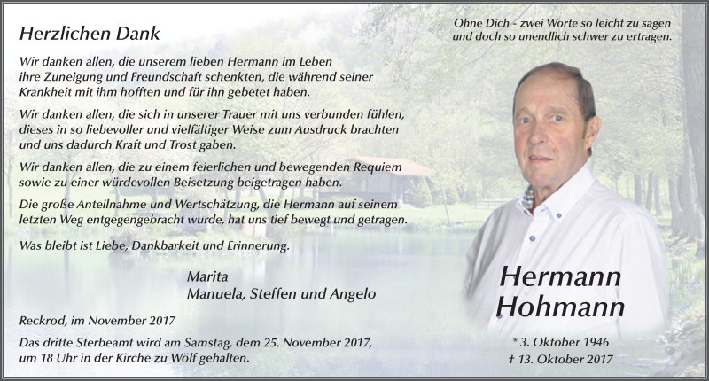  Traueranzeige für Hermann Hohmann vom 18.11.2017 aus 