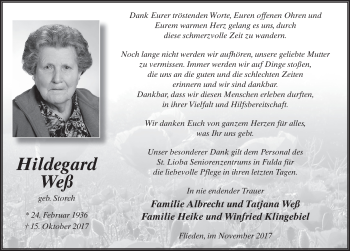 Traueranzeige von Hildegard Weß 