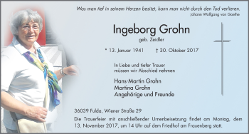 Traueranzeige von Ingeborg Grohn 