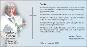 Traueranzeige von Ingeborg Grohn 