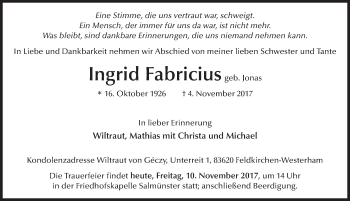 Traueranzeige von Ingrid Fabricius 