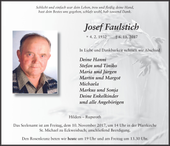 Traueranzeige von Josef Faulstich 
