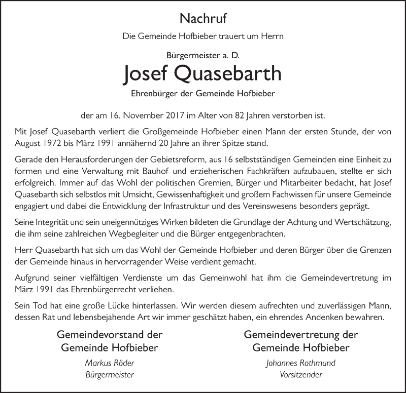  Traueranzeige für Josef Quasebarth vom 18.11.2017 aus 