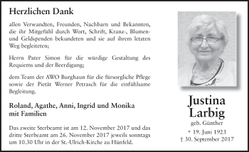 Traueranzeige von Justina Larbig 