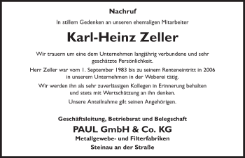 Traueranzeige von Karl-Heinz Zeller 