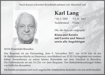 Traueranzeige von Karl Lang 