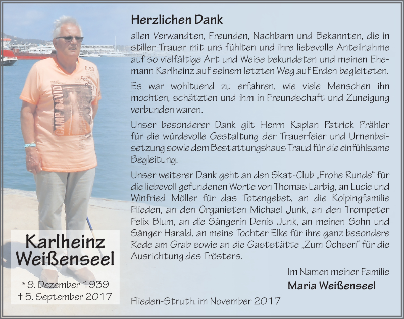  Traueranzeige für Karlheinz Weißenseel vom 04.11.2017 aus 