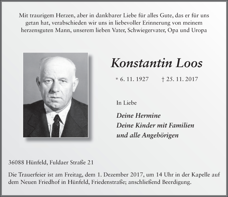  Traueranzeige für Konstantin Loos vom 29.11.2017 aus 