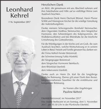 Traueranzeige von Leonhard Kehrel 