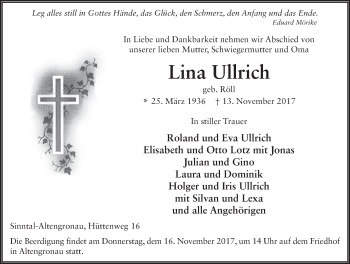 Traueranzeige von Lina Ullrich 
