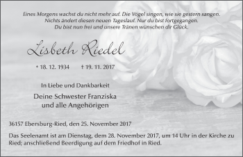 Traueranzeige von Lisbeth Riedel 