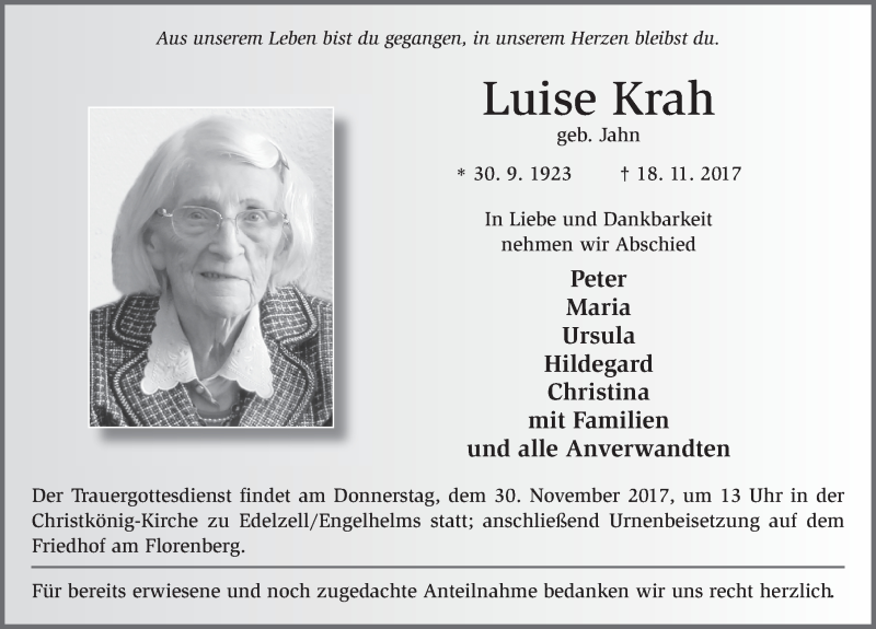  Traueranzeige für Luise Krah vom 25.11.2017 aus 