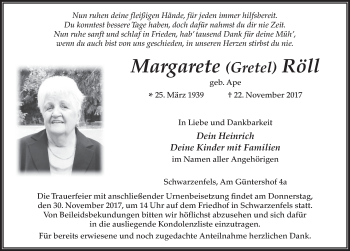 Traueranzeige von Margarete Röll 