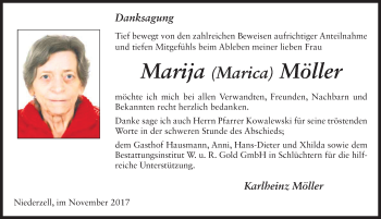 Traueranzeige von Marija Möller 
