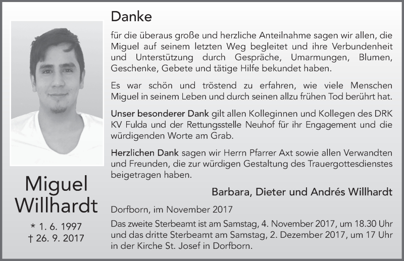  Traueranzeige für Miguel Willhardt vom 02.11.2017 aus 