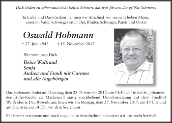 Traueranzeige von Oswald Hohmann 