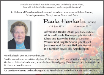 Traueranzeige von Paula Henkel 