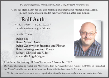 Traueranzeige von Ralf Auth 