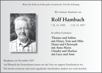 Traueranzeige von Rolf Hambach 