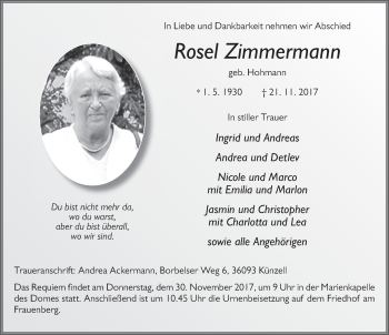 Traueranzeige von Rosel Zimmermann 