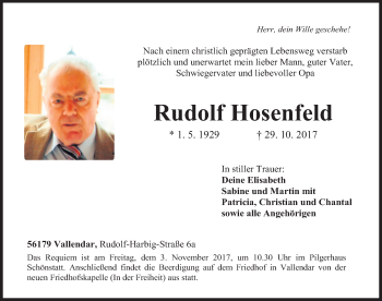 Traueranzeige von Rudolf Hosenfeld 