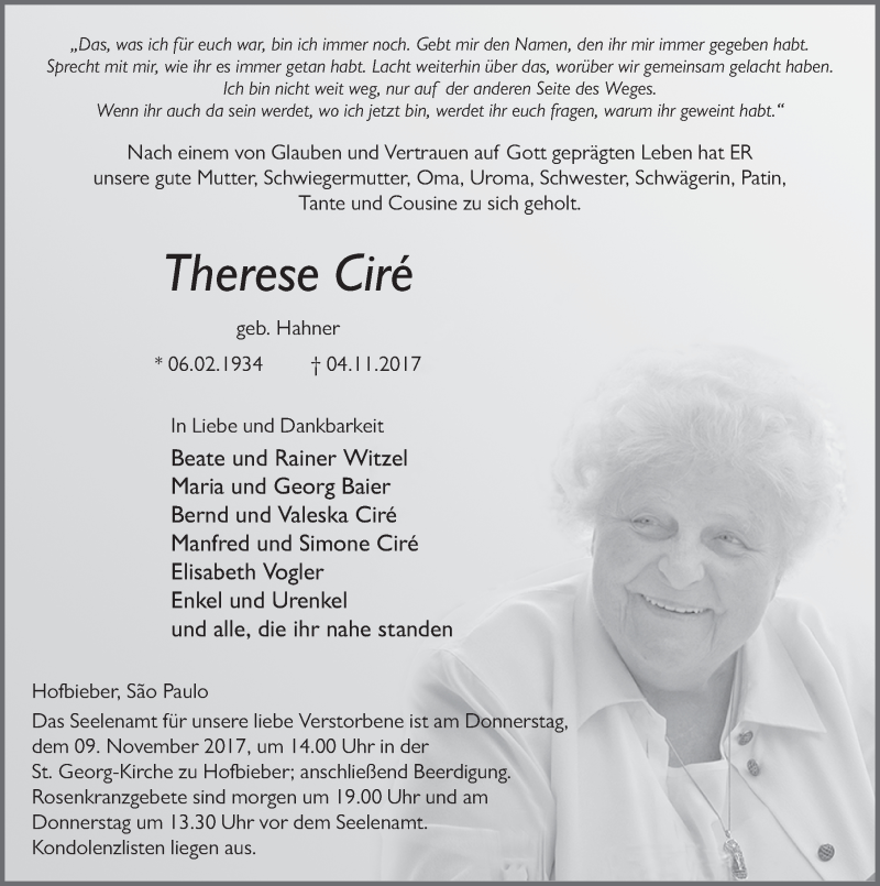  Traueranzeige für Therese Ciré vom 07.11.2017 aus 