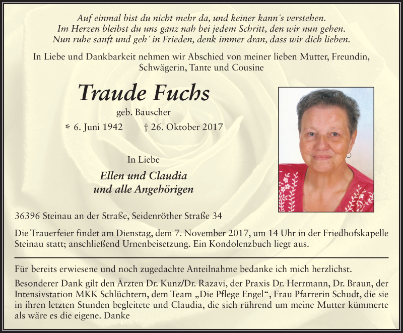  Traueranzeige für Traude Fuchs vom 03.11.2017 aus 