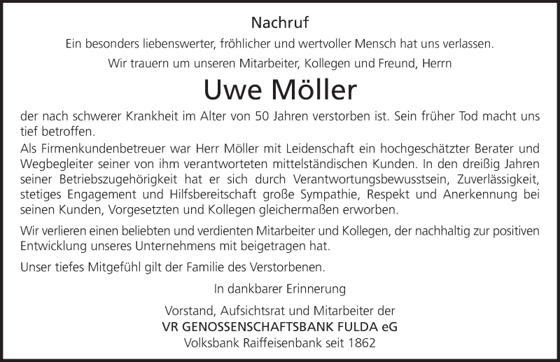  Traueranzeige für Uwe Möller vom 29.11.2017 aus 