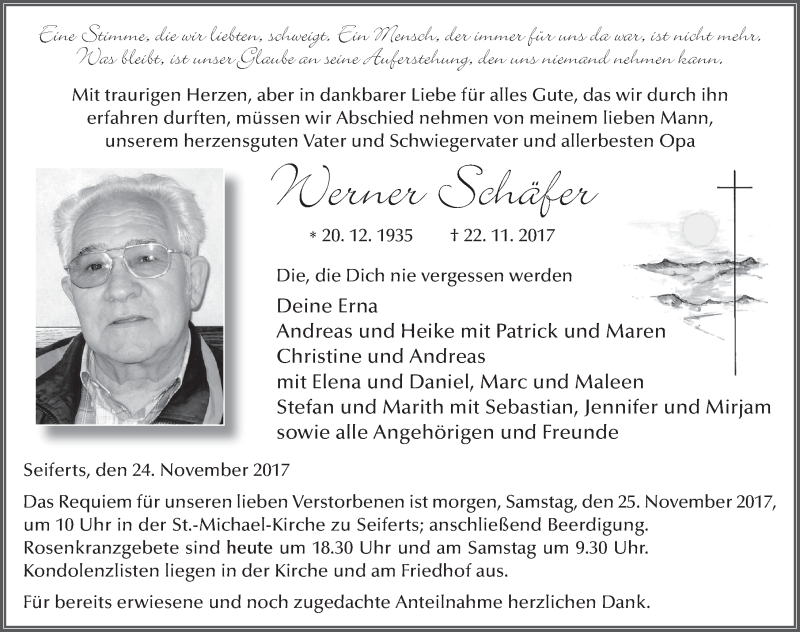  Traueranzeige für Werner Schäfer vom 24.11.2017 aus 