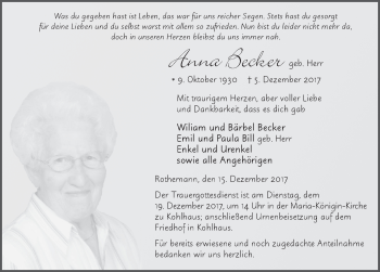 Traueranzeige von Anna Becker 