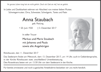 Traueranzeige von Anna Staubach 