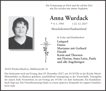 Traueranzeige von Anna Wurdack 