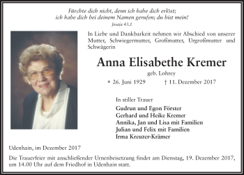 Traueranzeige von Anna Elisabethe Kremer 