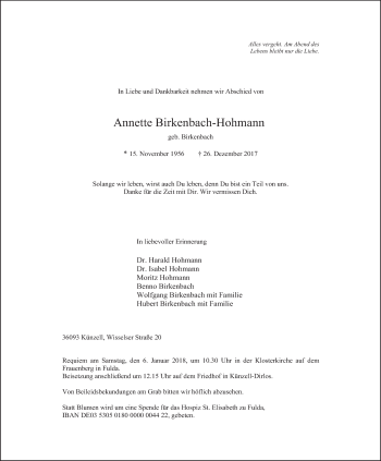 Traueranzeige von Annette Birkenbach-Hohmann 