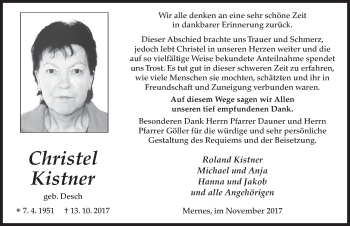 Traueranzeige von Christel Kistner 