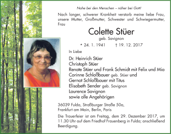 Traueranzeige von Colette Stüer 