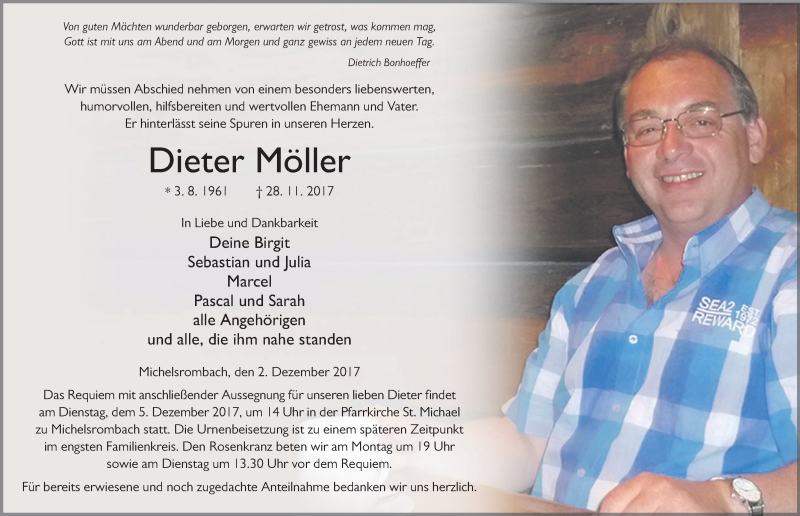  Traueranzeige für Dieter Möller vom 02.12.2017 aus 