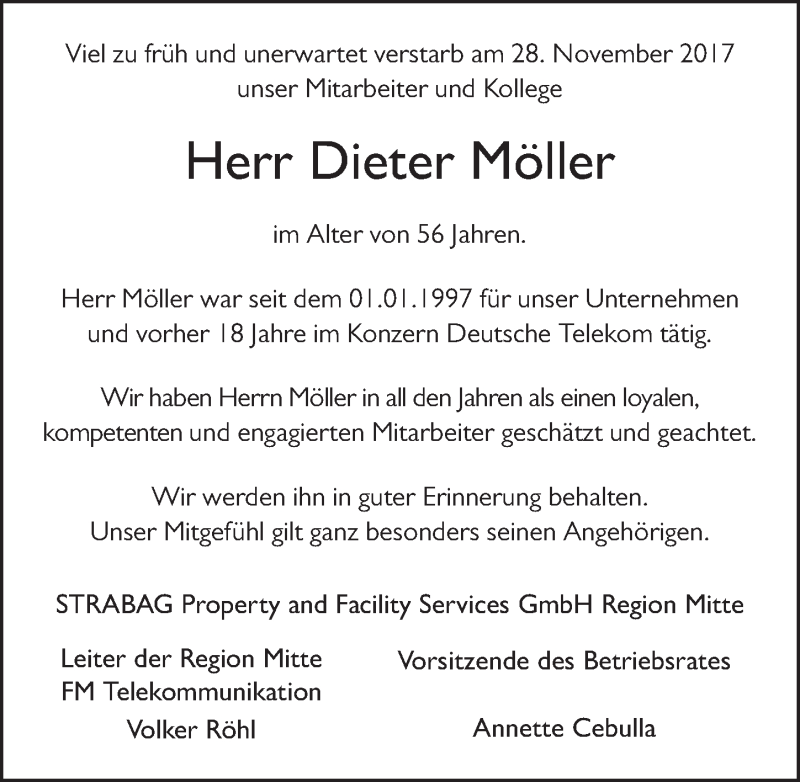  Traueranzeige für Dieter Möller vom 07.12.2017 aus 